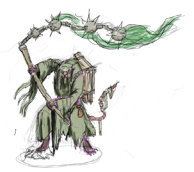 Plague Censer Bearer sketch: a green-robed Skaven gripping a long-handled chain weapon with spiked censers and sweeping green plague smoke